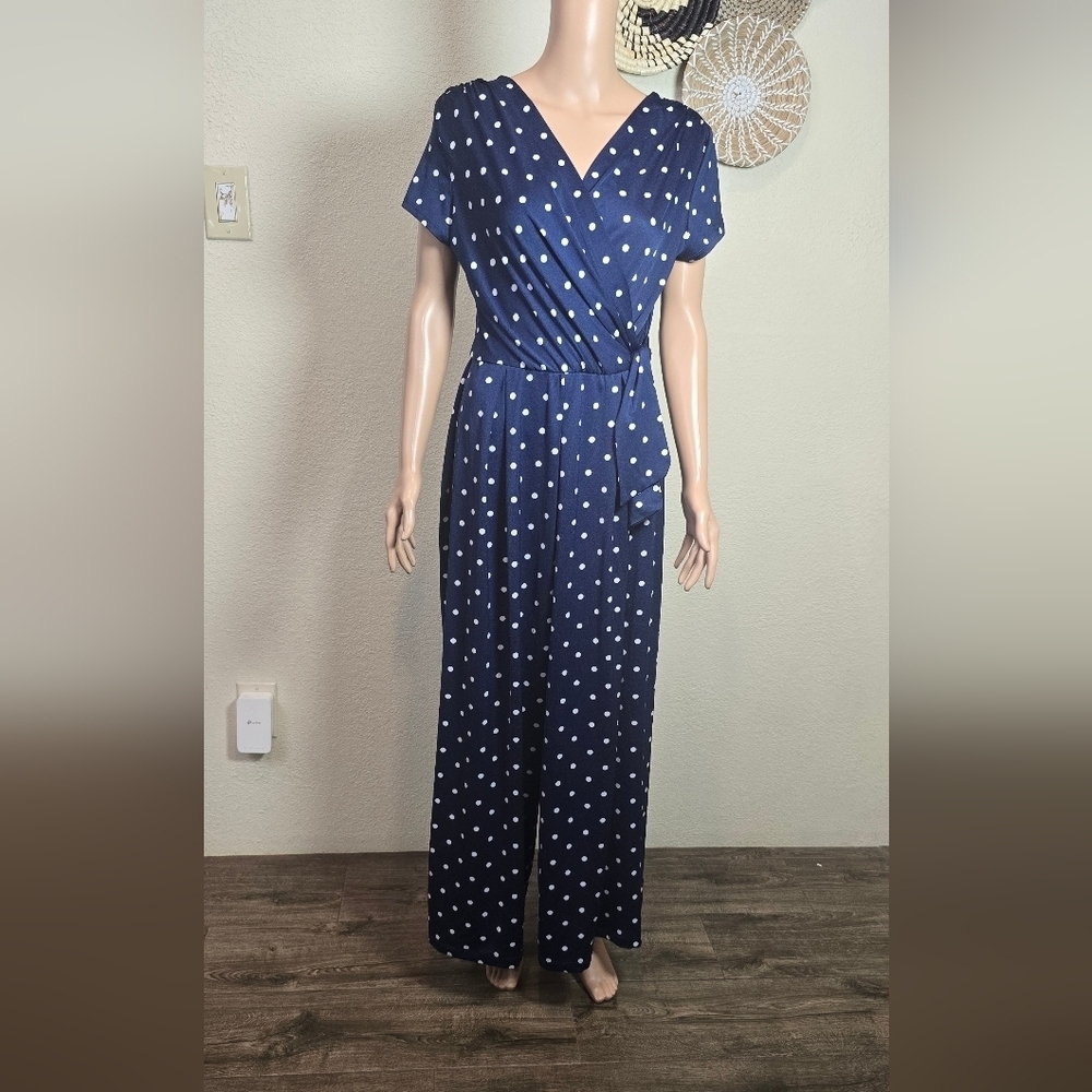 Shelby & Palmer Polka Dot Jumpsuit Women's Size Large Blue Wide Leg Fit & Flare